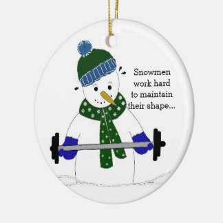 Weight Lifting Snowman Ceramic Ornament