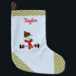 Weight Lifting Snowman Gold Stripes Small Christmas Stocking<br><div class="desc">A cute snowman in his winter accessories staying in shape by lifting weights. Great for those tough guys and gals! Add name as desired. Gold stripes accent this design.</div>