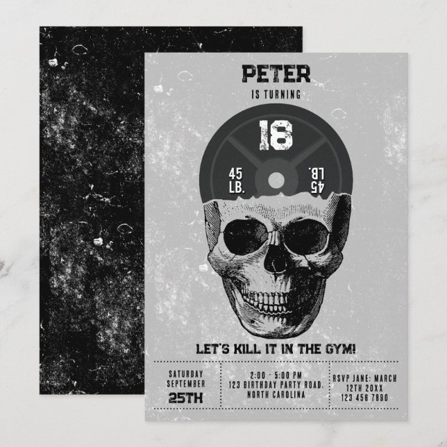 Weight Plate Skull Training Bodybuilding Birthday Invitation (Front/Back)