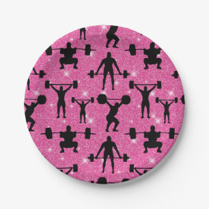 Weightlifting Fitness Workout Sport Pink Glitter Paper Plate