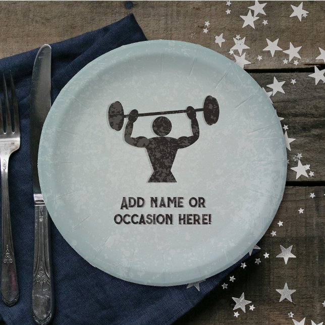 Weightlifting man and your slogan rugged look paper plate (Creator Uploaded)