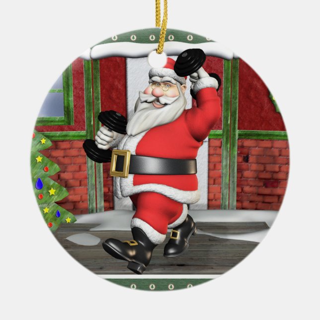 Weightlifting Santa Ceramic Ornament (Front)