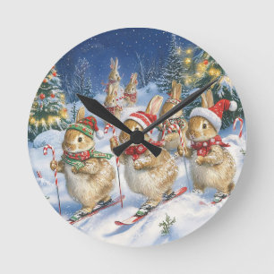 Weihnachtliche Hasen beim Skifahren im Winterwald Round Clock