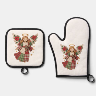 Weihnachtsengel mit goldenen Sternen Oven Mitt & Pot Holder Set