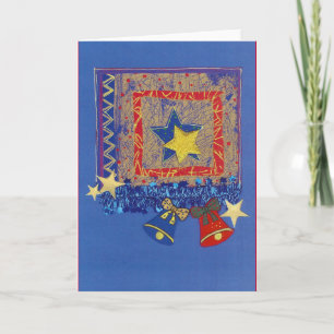Weihnachtsglocken und Sterne in Blau-Rot Holiday Card