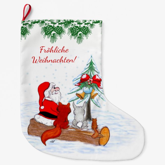Weihnachtsmann Kaninchen Fox Eichhörnchen, Deutsch Large Christmas Stocking (Front)