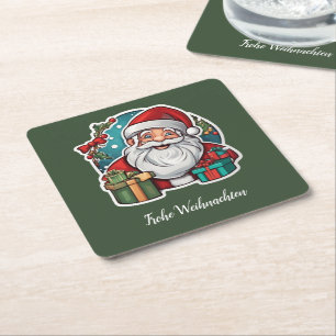 Weihnachtsmannkopf in farbenfrohem Cartoon-Stil - Square Paper Coaster