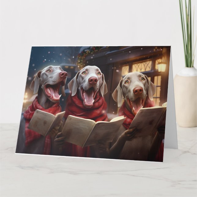 Weimaraner Christmas Carolers Fun Holiday Card (Front)