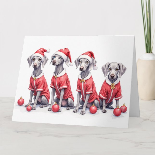 Weimaraner Christmas Dress Santa Hat Card (Front)