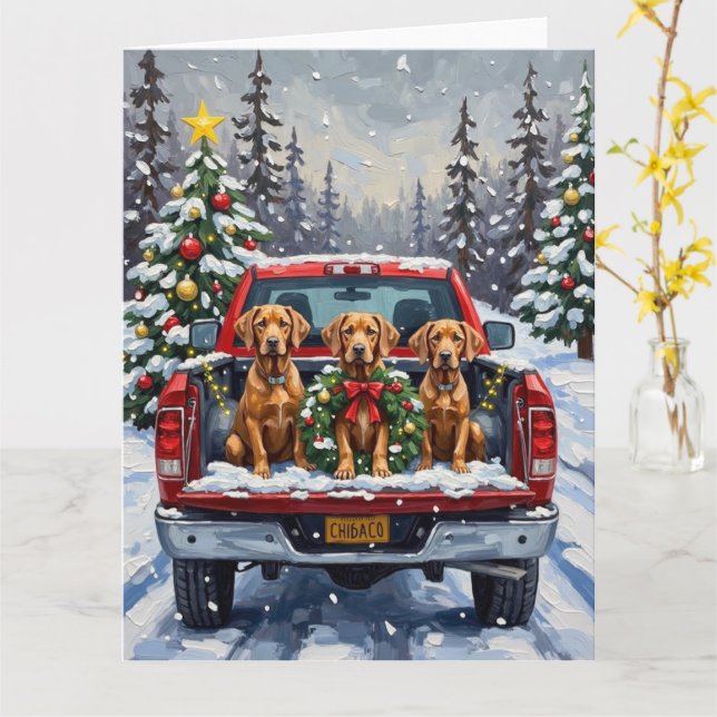 Weimaraner Christmas Red Truck Holiday Card (Yellow Flower)