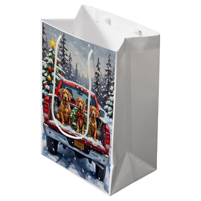 Weimaraner Christmas Red Truck Holiday Medium Gift Bag (Front Angled)