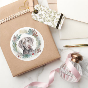 Weimaraner Christmas Wreath Festive Pup Classic Round Sticker