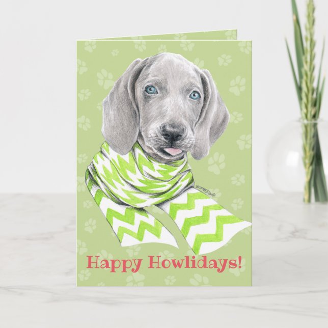 Weimaraner cute puppy with scarf Dog portrait art Holiday Card (Front)