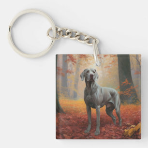 Weimaraner dans les feuilles d'automne qui tombent