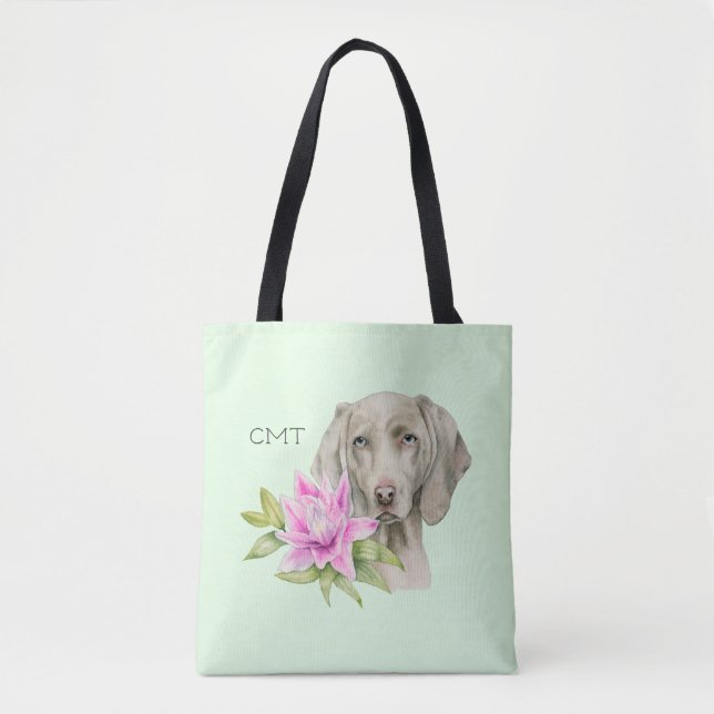 Weimaraner Dog and Lily Watercolor | Monogram Tote Bag (Front)
