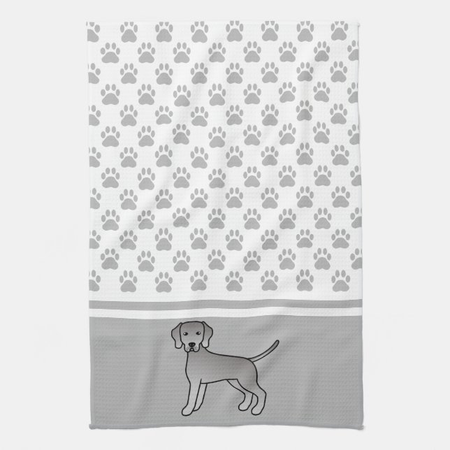 Weimaraner Dog Cartoon Illustration & Paws Pattern Kitchen Towel (Vertical)