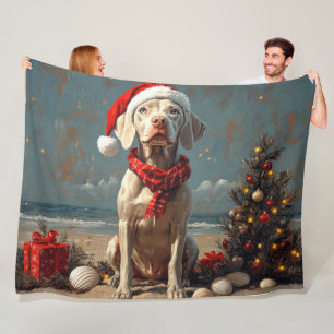 Weimaraner Dog Christmas Vintage Beach  Fleece Blanket