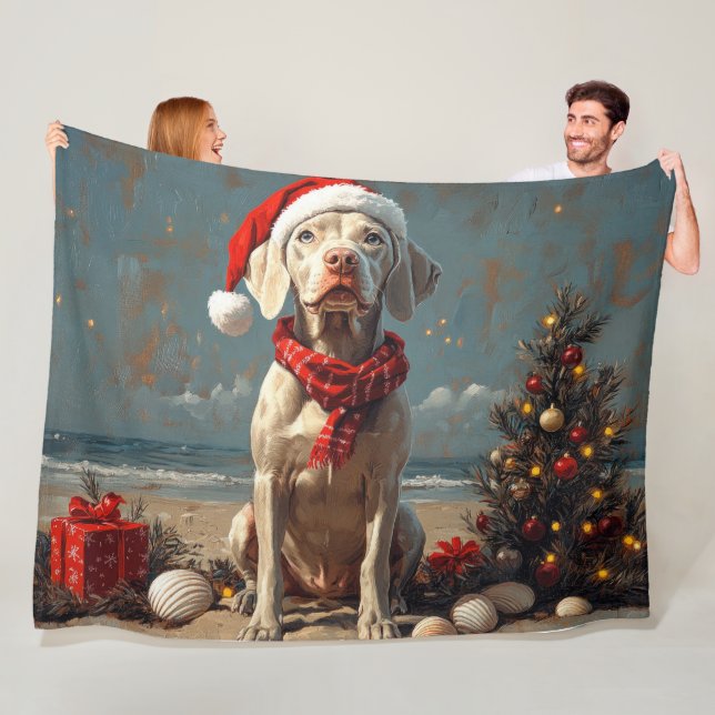 Weimaraner Dog Christmas Vintage Beach  Fleece Blanket (In Situ)
