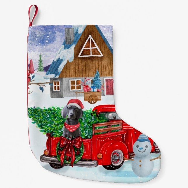 Weimaraner Dog In Christmas Delivery Truck Snow Small Christmas Stocking (Front)