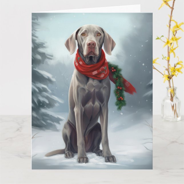 Weimaraner Dog in Snow Christmas Card (Yellow Flower)