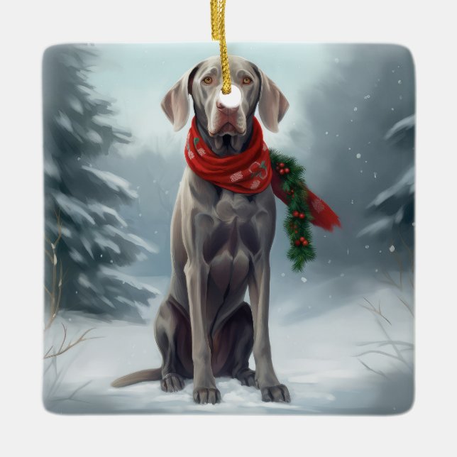 Weimaraner Dog in Snow Christmas Ceramic Ornament (Front)