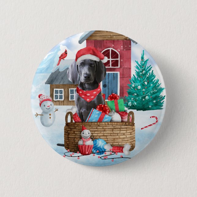 Weimaraner Dog In snow Christmas Dog House 2 Inch Round Button (Front)