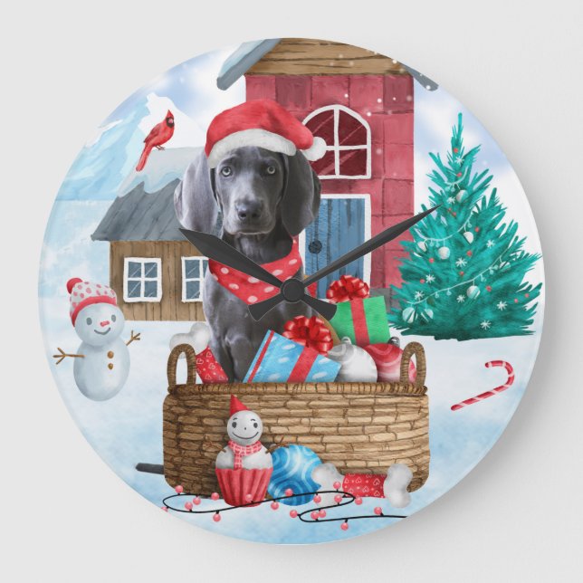 Weimaraner Dog In snow Christmas Dog House Large Clock (Front)