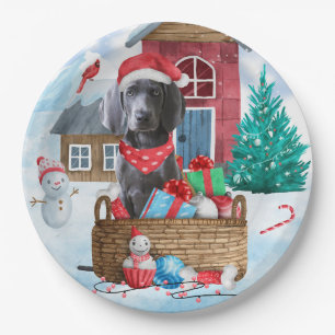 Weimaraner Dog In snow Christmas Dog House Paper Plate