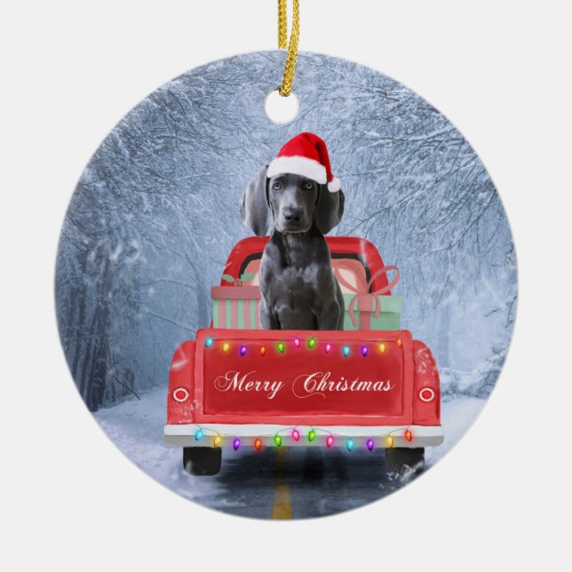 Weimaraner Dog in Snow sitting in Christmas Truck  Ceramic Ornament (Front)