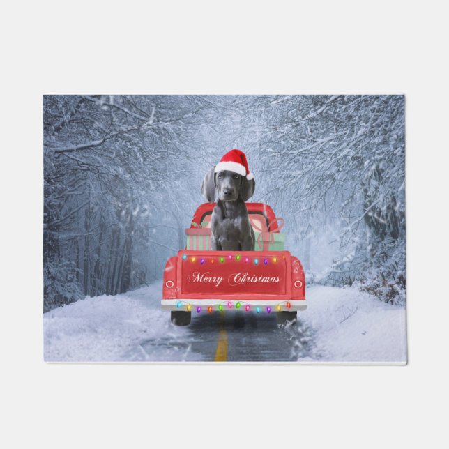 Weimaraner Dog in Snow sitting in Christmas Truck  Doormat (Front)