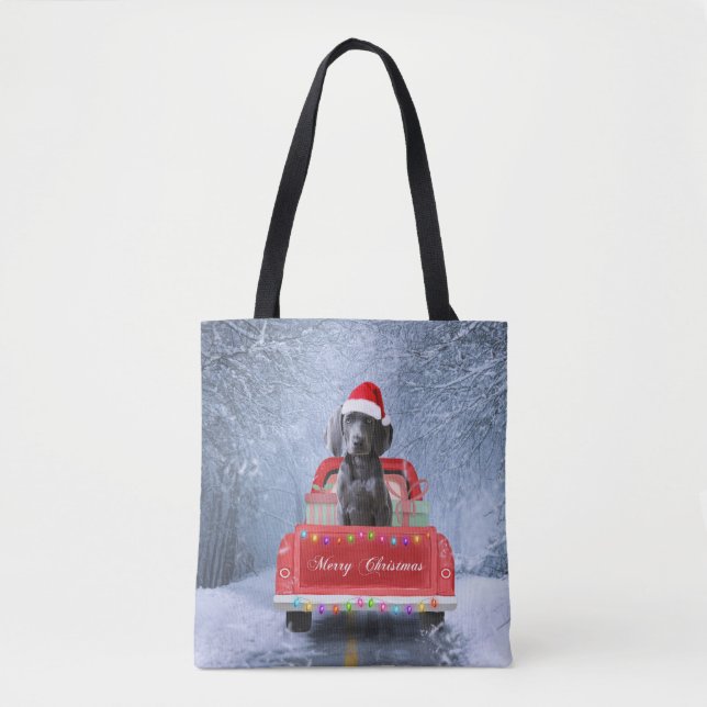Weimaraner Dog in Snow sitting in Christmas Truck  Tote Bag (Front)