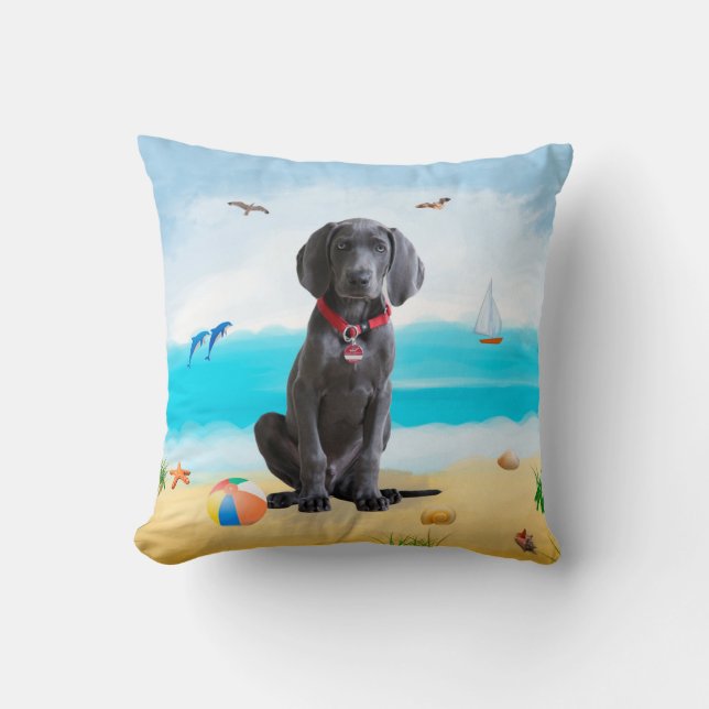 weimaraner Dog on Beach  Throw Pillow (Front)