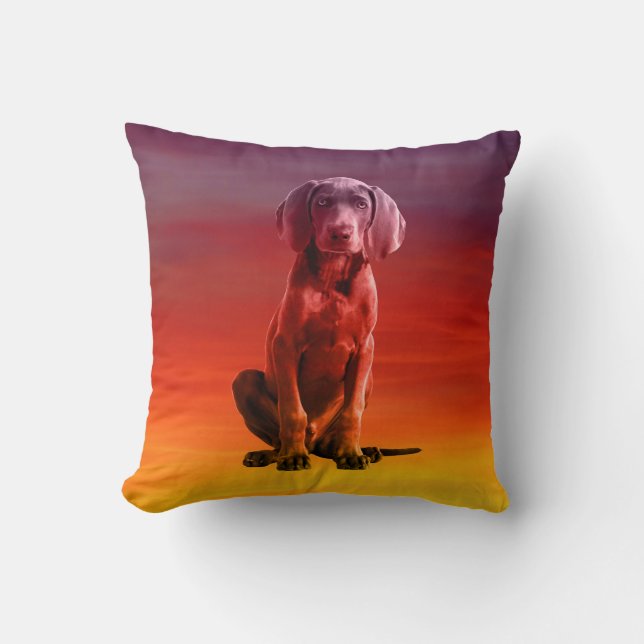 Weimaraner Dog Sitting On Beach Throw Pillow (Front)