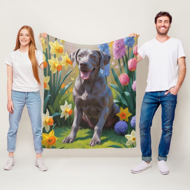 Weimaraner Dog Spring Flowers Painting  Fleece Blanket (In Situ)