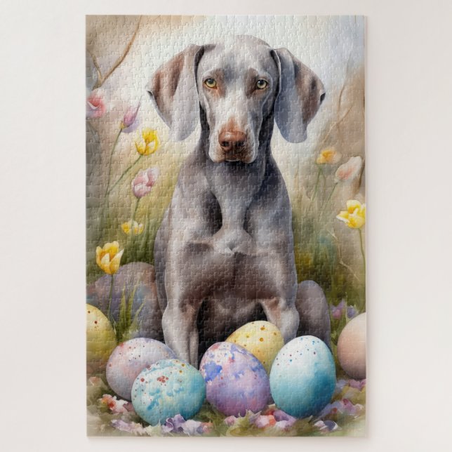 Weimaraner Dog with Easter Eggs Holiday Jigsaw Puzzle (Vertical)