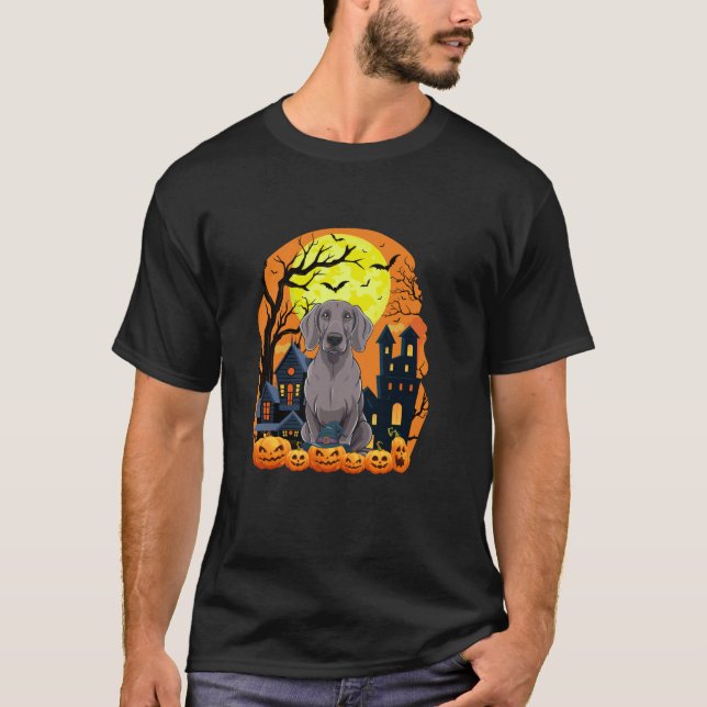 Weimaraner Dog With Pumpkins Funny Scary Halloween T-Shirt (Front)