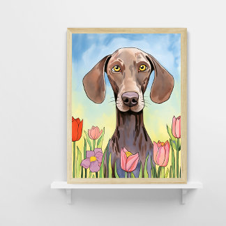 Weimaraner Dog with Tulips Painting Poster