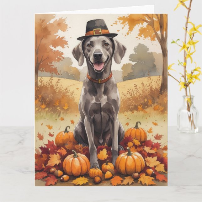 Weimaraner In Autumn Leaves Thanksgiving Art Card (Yellow Flower)