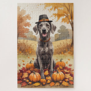 Weimaraner In Autumn Leaves Thanksgiving Art Jigsaw Puzzle
