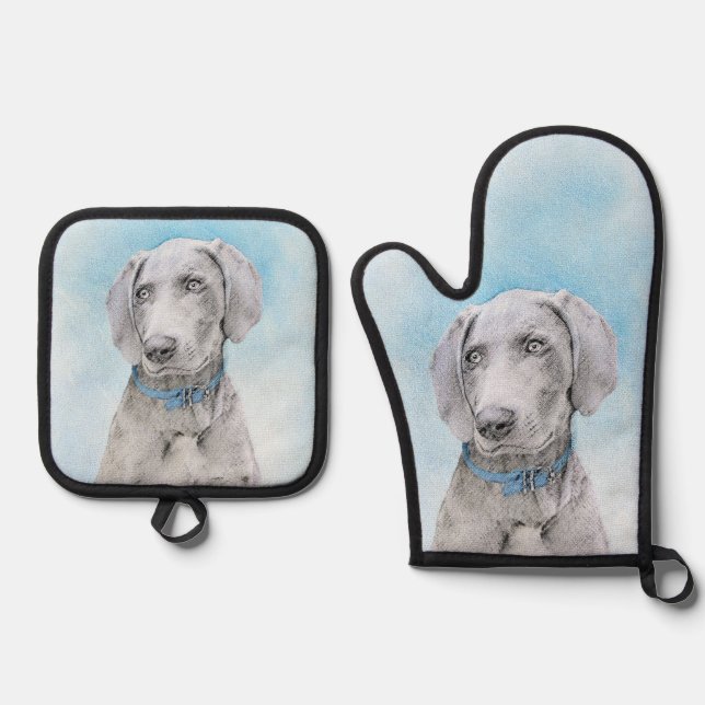 Weimaraner Painting Grey Silver Original Dog Art Oven Mitt & Pot Holder Set (Front)