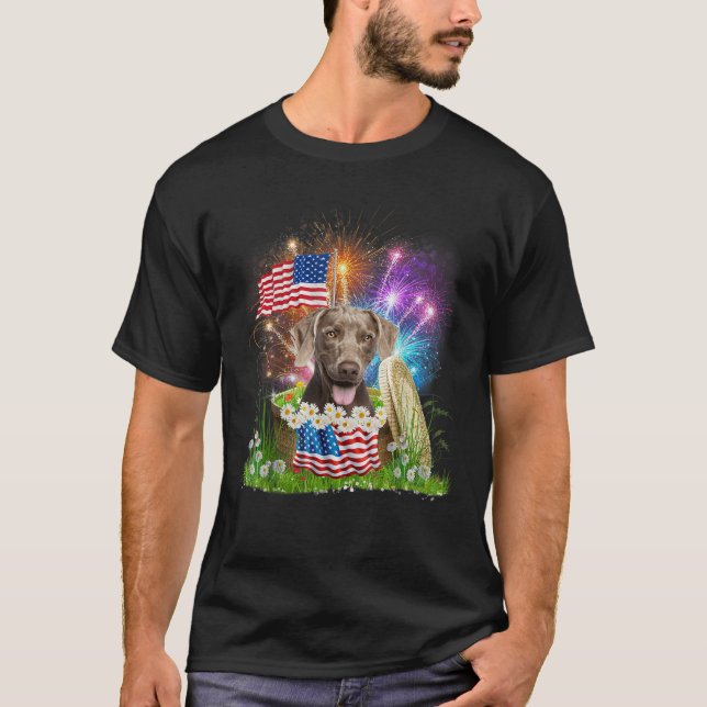 Weimaraner Patriotic American Flag Fireworks 4th O T-Shirt (Front)