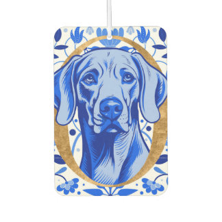 Weimaraner peering thru the letter "O" in Gold Air Freshener