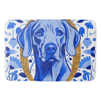 Weimaraner peering thru the letter "O" in Gold Bath Mat