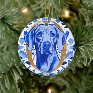 Weimaraner peering thru the letter "O" in Gold Ceramic Ornament