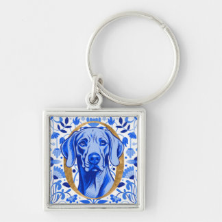 Weimaraner peering thru the letter "O" in Gold Keychain