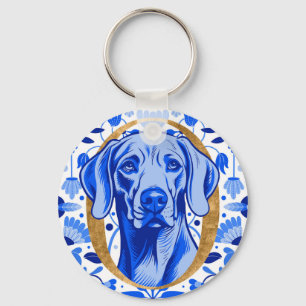 Weimaraner peering thru the letter "O" in Gold Keychain