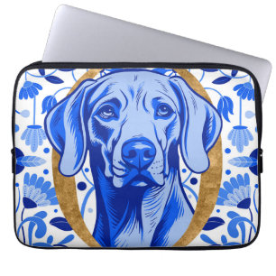Weimaraner peering thru the letter "O" in Gold Laptop Sleeve