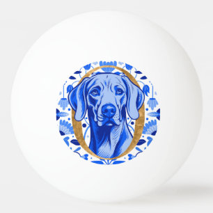 Weimaraner peering thru the letter "O" in Gold Ping Pong Ball