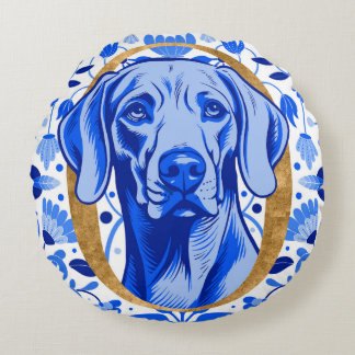 Weimaraner peering thru the letter "O" in Gold Round Pillow