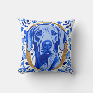 Weimaraner peering thru the letter "O" in Gold Throw Pillow